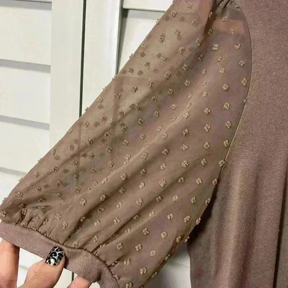 MISA Los Angeles Peter Pan Collar Swiss Dot Balloon Sleeve Top Size Large Taupe - Picture 4 of 7